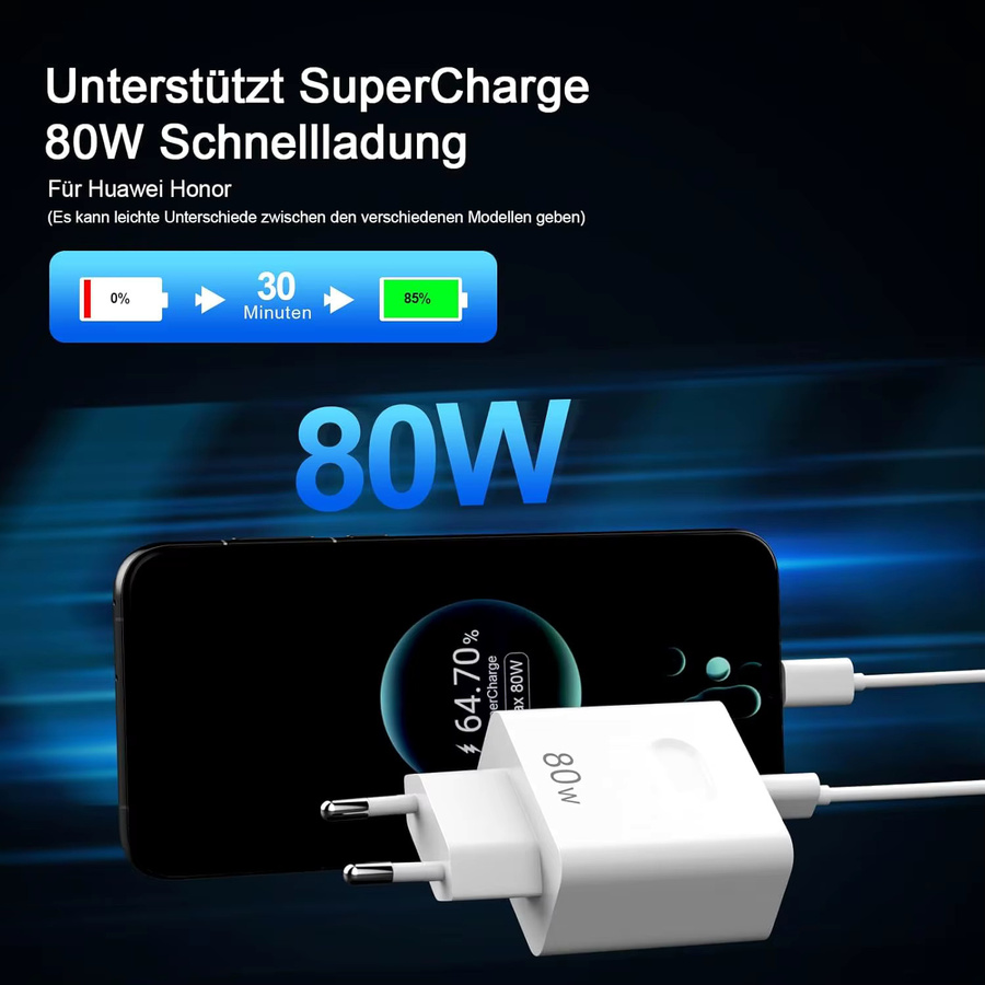 80W Schnellladegerät in Weiß mit 1m Typ-C Ladekabel für Honor und Huawei Smartphones - Bild 3