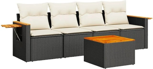 vidaXL 5-teilige Garten-Sofagarnitur aus Poly-Rattan und Akazienholz in Schwarz mit Kissen - Bild 1