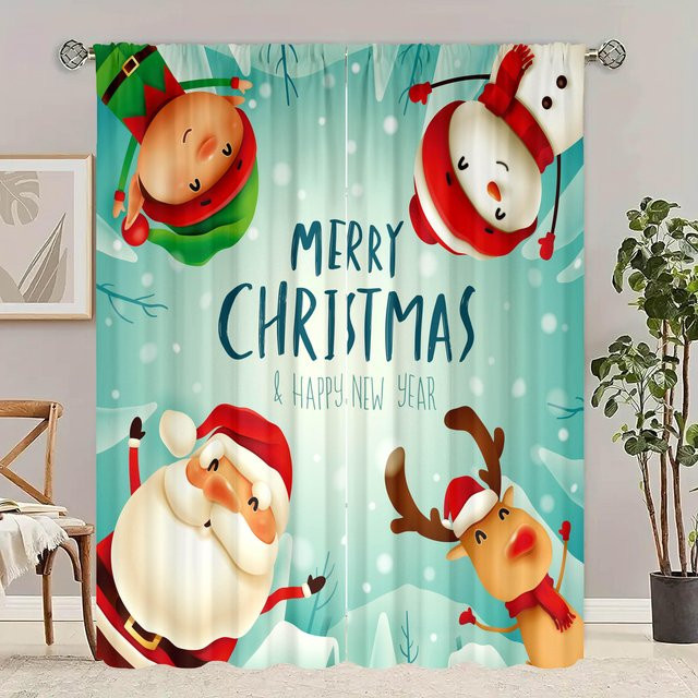 2er-Set weihnachtliche Dekovorhänge mit Grafikprint, Blau, B/H: 76,2 x 165,1 cm - Bild 1