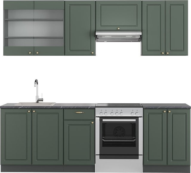 Vicco Küchenzeile Fame-Line Landhausstil in Anthrazit Grün Gold mit Breite: 240 cm - Bild 1