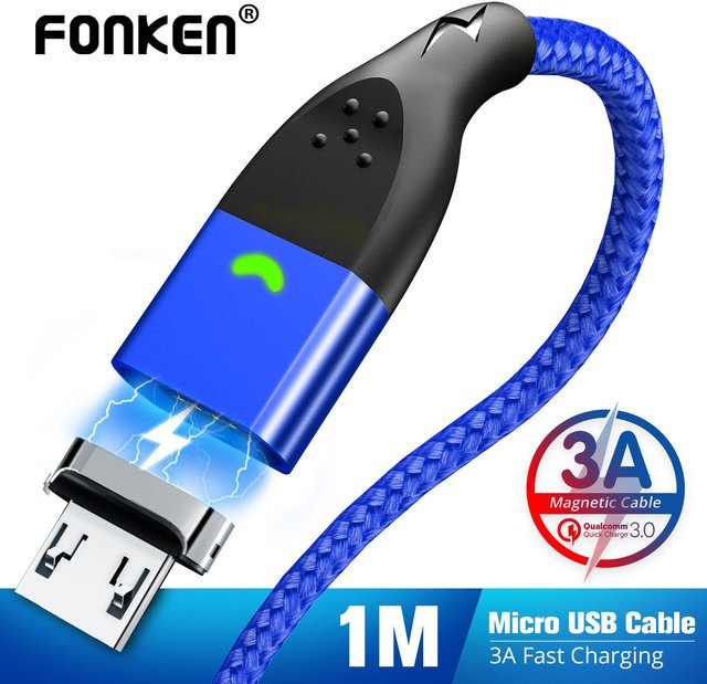 FONKEN Magnetisches Micro-USB-Ladekabel mit USB-Typ-C Anschluss, 3 A Schnellladekabel, Blau, 1 m - Bild 1