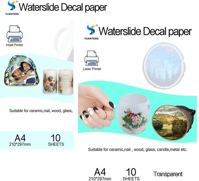 YUANTENG DIY A4 Waterslide Transferpapier Set für Inkjet und Laser Drucker, 10 Blatt, Weiß und Transparent - Bild 1