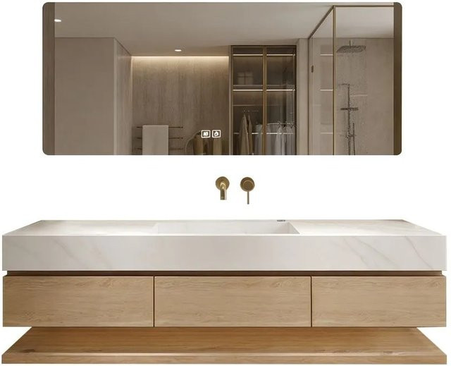 360Home Badmöbel Set mit Sinterstein Waschbecken in Braun, bestehend aus Unterschrank, Spiegelschrank mit LED-Beleuchtung und Anti-Fog-Funktion sowie einem Seitenschrank, B/T/H: 140 x 55 x 25 cm - Bild 1