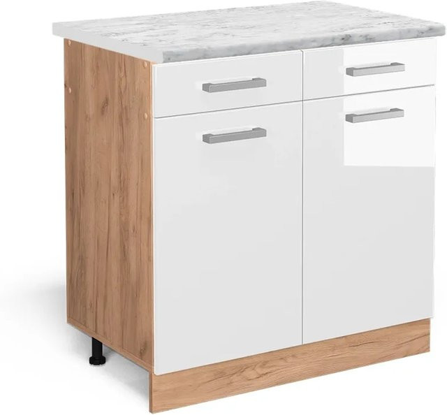 Vicco Küchenunterschrank R-Line Schubladenschrank in Weiß Hochglanz mit Marmor-Optik, Breite: 80 cm - Bild 1