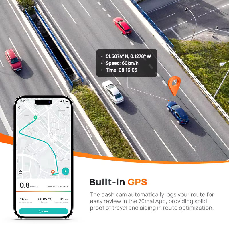70mai Dash Cam A510 mit 1944P HDR, GPS, ADAS und 4G Konnektivität, inklusive Rückfahrkamera, Schwarz - Bild 3