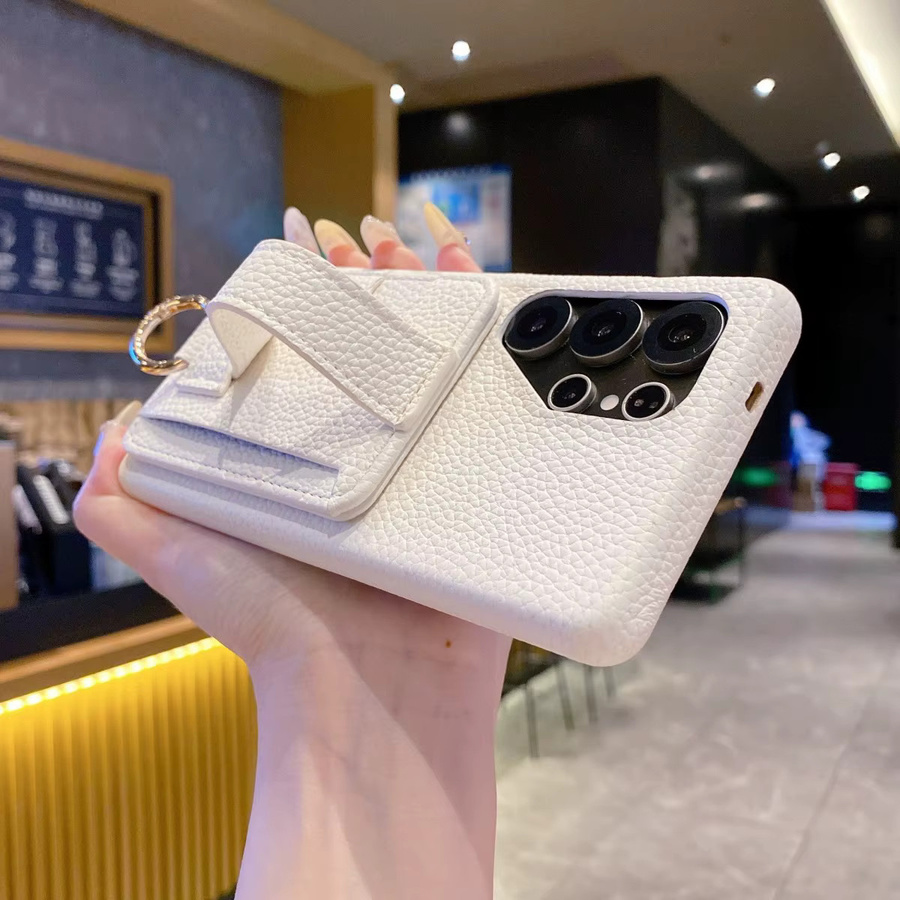 Samsung Galaxy Handyhülle aus PU Leder mit Litschi-Muster und Kartenhalter in Weiß inklusive Handgelenkstrap - Bild 2