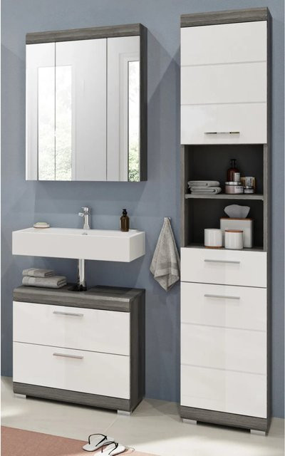 Inn.Furn Badmöbel-Set Shawn in Weiß Hochglanz und Grau, 3-teilig mit LED-Beleuchtung - Bild 1