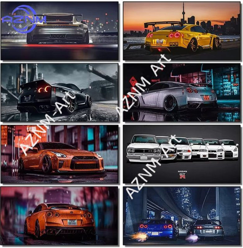 Modernes Leinwandgemälde Rastar GTR R34 vs Supra Auto-Wandkunst im Querformat, mehrfarbig - Bild 1