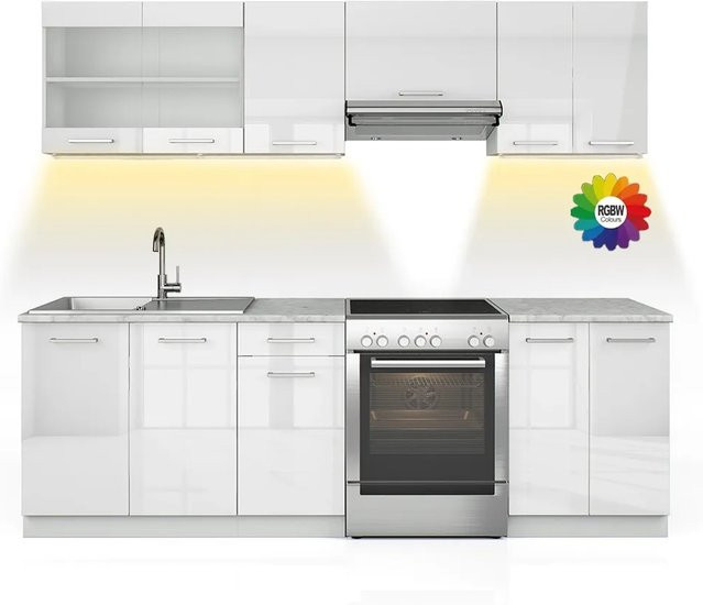 Vicco Raul Küchenzeile Weiß mit Marmor-Optik und LED-Leisten, Breite: 240 cm - Bild 1