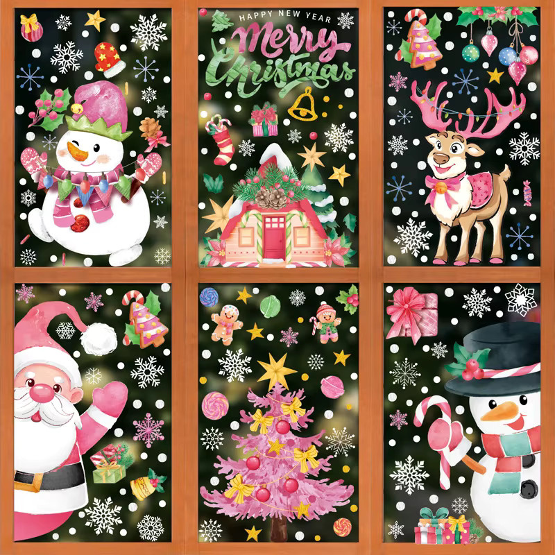 Joy-enlife Weihnachts-Fensteraufkleber in Rosa mit Weihnachtsmann, Schneemann und Rentier für Glas und Kunststoff - Bild 5