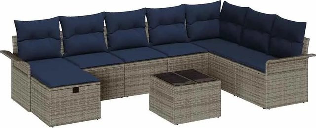 vidaXL Gartensofa-Set aus Poly-Rattan mit 9 Kissen in Grau und Marineblau, L-Form mit Stauraum und Gartentisch - Bild 1