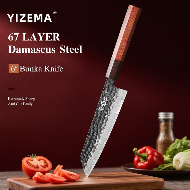 YIZEMA Bunka Kochmesser aus Damaszener Stahl mit Holzgriff, 15,24 cm Japanisches Profi-Küchenmesser für Fleisch und Gemüse - Bild 1