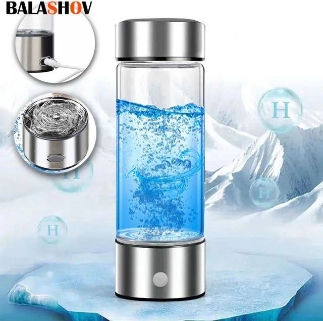 BALASHOV Wasserstoff-Sauerstoff-Wasserbecher H2-Generatorflasche mit Titan-Qualitätsfilter, Silber und Transparent, 420 ml - Bild 1