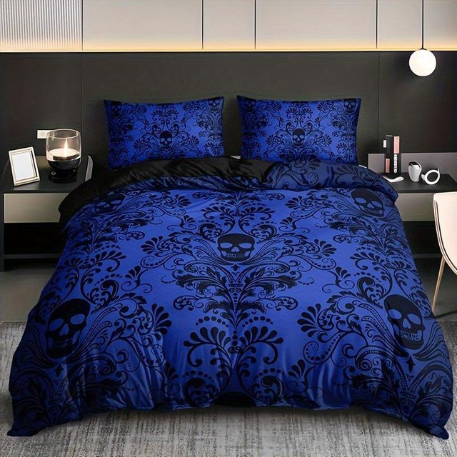 Schwarzes Damast Bettwäscheset mit Totenkopf und floralem Design, 3-teiliges Gothic Vintage Bettbezug-Set aus Mikrofaser, B/H: 140 x 200 cm - Bild 1