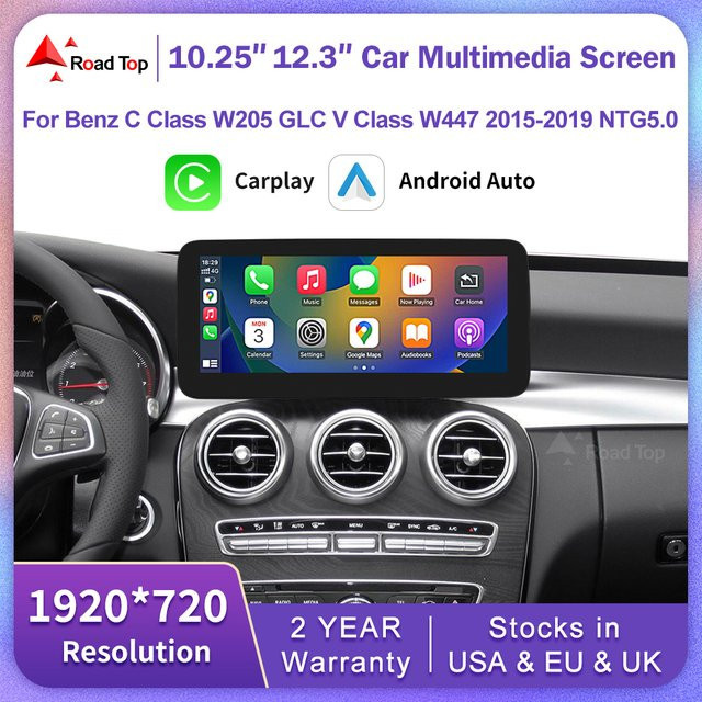 Road Top Linux Touchscreen Multimedia-System mit GPS und WLAN für Mercedes Benz W205 GLC C V Klasse W447 2015-2019 inklusive kabellosem Carplay und Android Auto, Schwarz, 10,25 Zoll - Bild 1