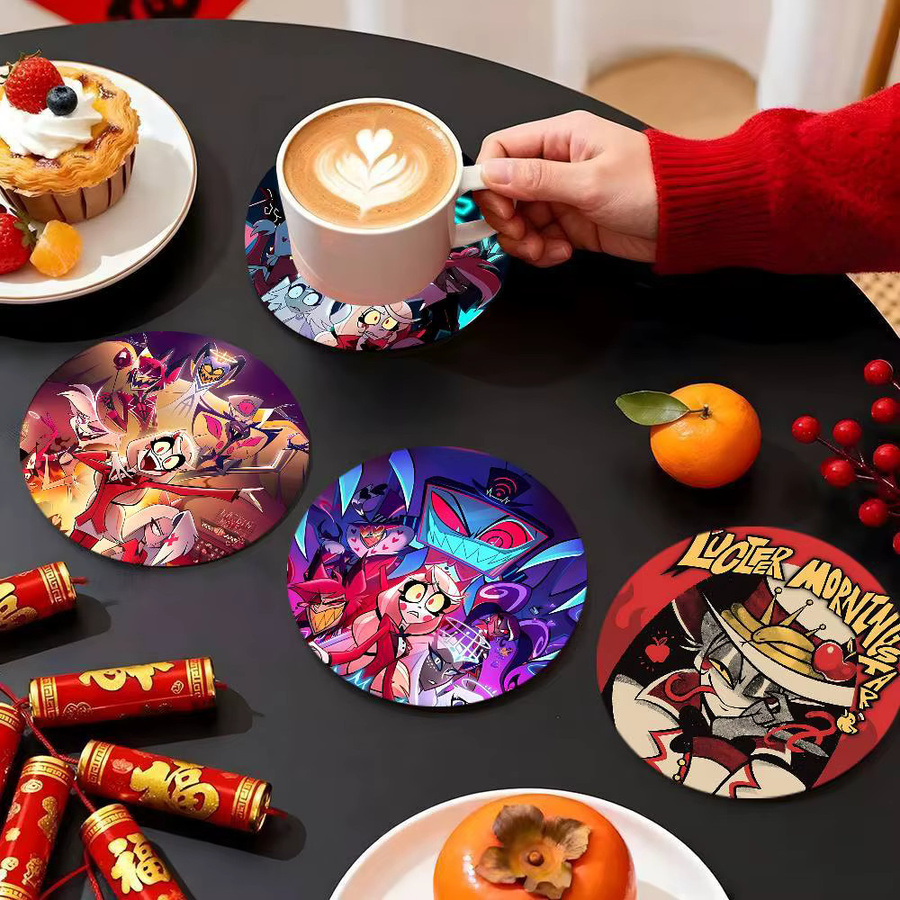 Runde Holzuntersetzer Hazbin Hotel Alastor Design für Tee und Kaffee, Durchmesser: 10 cm, Mehrfarbig - Bild 2