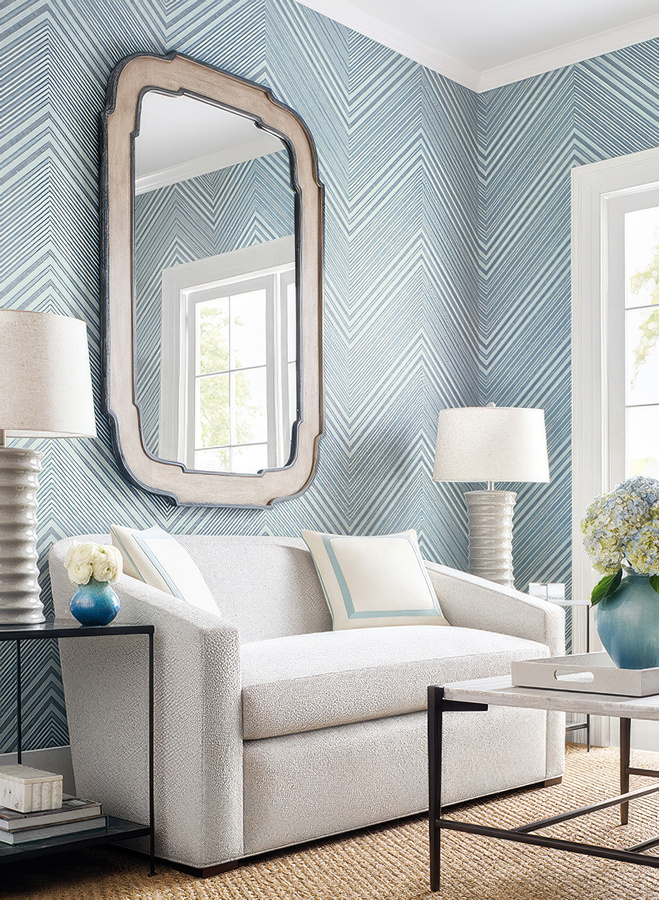 Thibaut Wallpaper Elevation Moderne Geometrische Tapete in Navy und Aqua mit Abstraktem Textil-Design - Bild 1