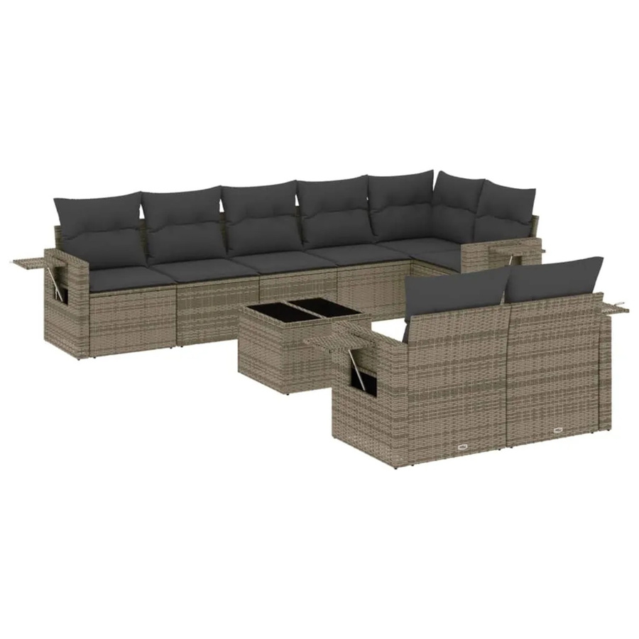 vidaXL 9-teilige Garten-Sofagarnitur in L-Form aus grauem Poly-Rattan mit Kissen und pulverbeschichtetem Stahlgestell - Bild 2