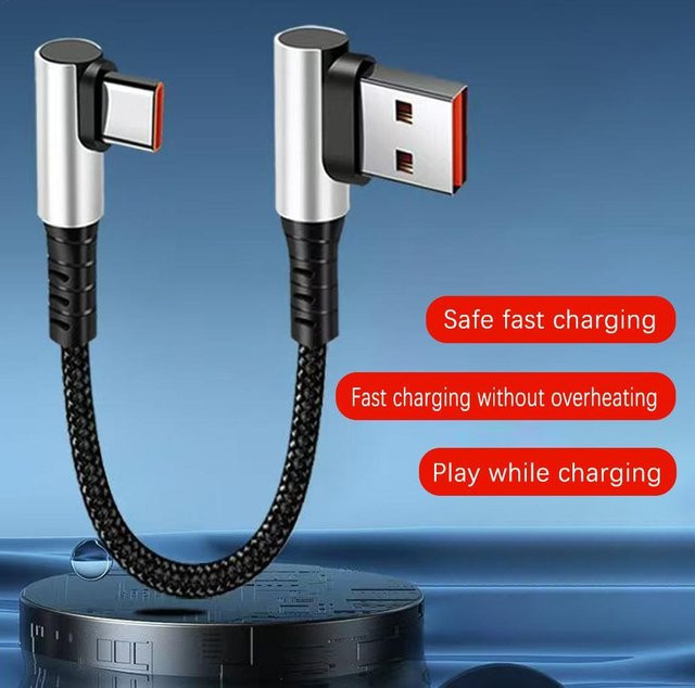 GRWIBEOU USB A auf USB C Typ C Kabel mit 90 Grad Winkel, 6A Schnellladekabel und Datenkabel in Schwarz, Länge: 0,25 m oder 0,5 m - Bild 1