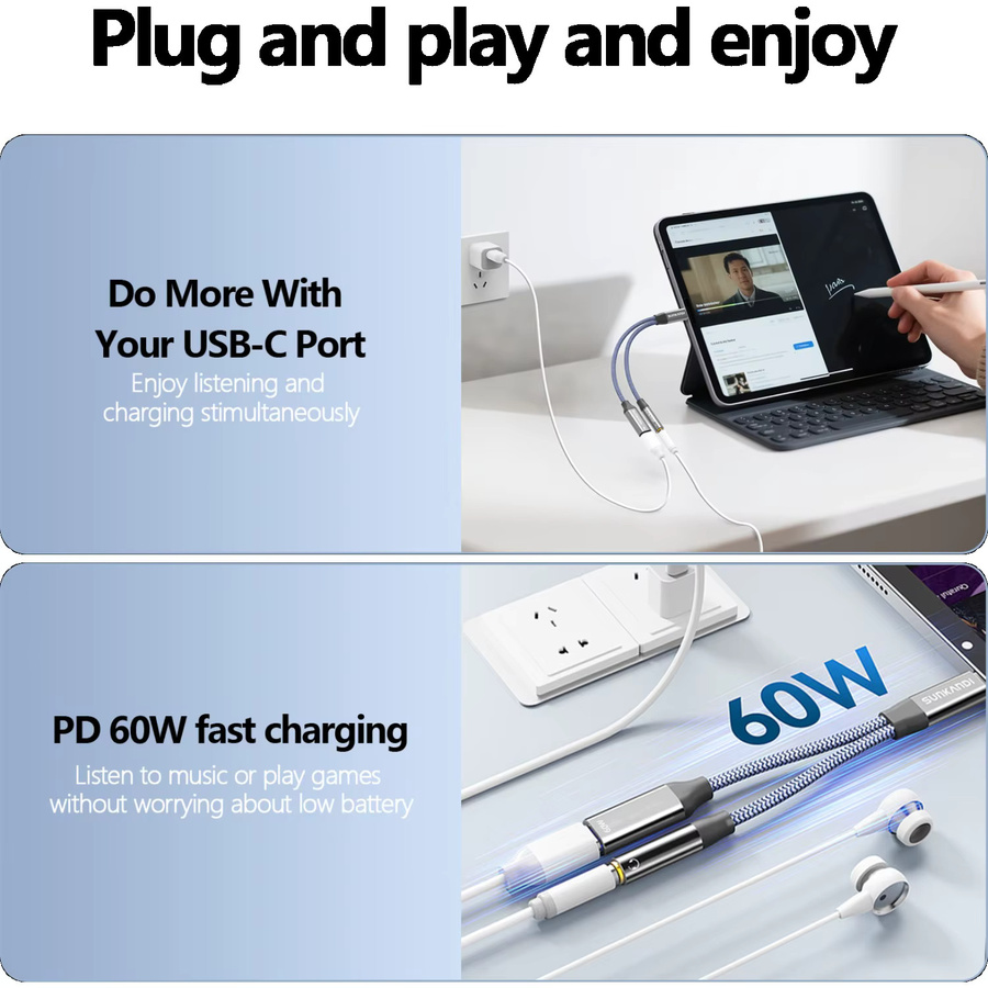 SUNKANDI USB-C auf Dual Type-C Adapter mit 60 W Ladeleistung und 3,5 mm Kopfhöreranschluss in Silber für iPhone 16 15 und Samsung - Bild 2