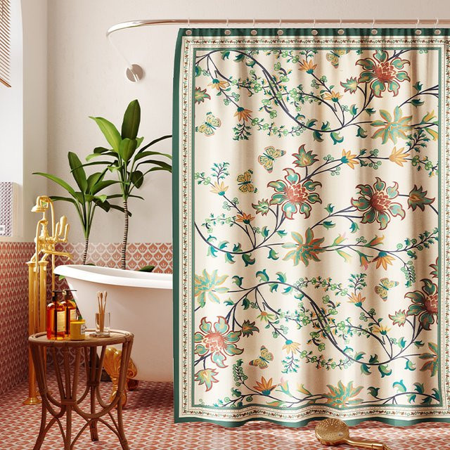 Wasserdichter Duschvorhang mit botanischem Blumenmuster im Vintage Farmhaus-Stil, Mehrfarbig, Höhe: 180 cm, Breite: 180 cm - Bild 1