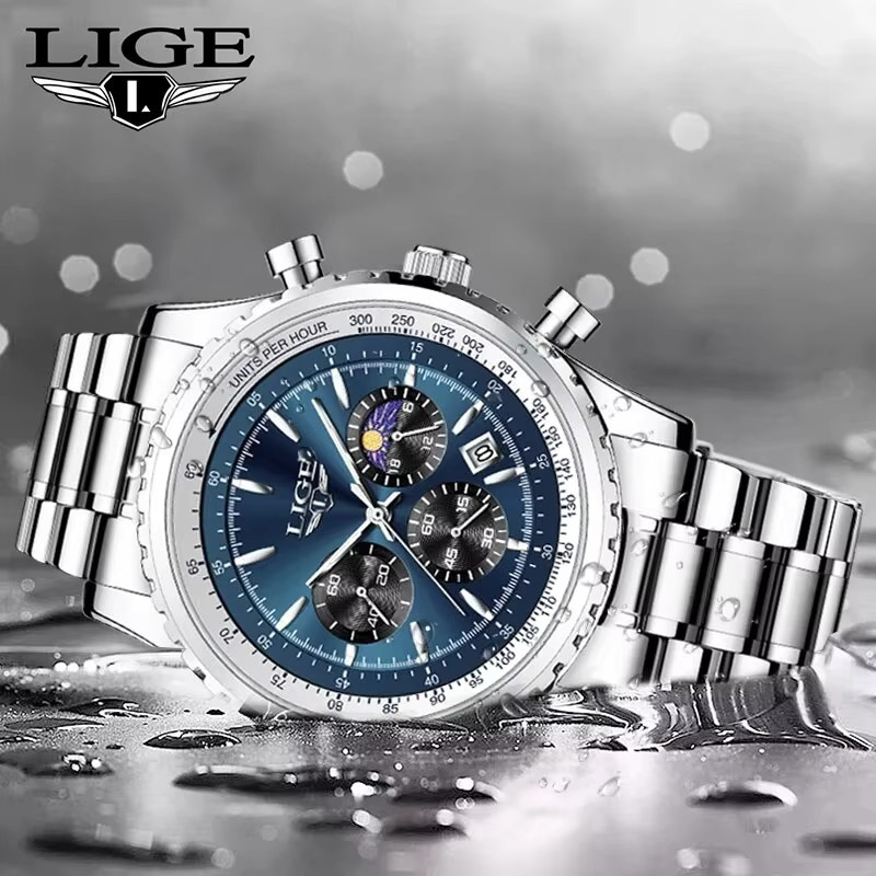 Lige Armbanduhr, Quarz, Chronograph, Edelstahl, Blau, Herren - Bild 2