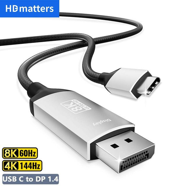 HDmatters USB-C auf DisplayPort Kabel für 4K 60 Hz und 8K 144 Hz, geflochtenes USB 3.1 Typ C auf DisplayPort AV-Kabel für Mac und Monitore - Bild 1