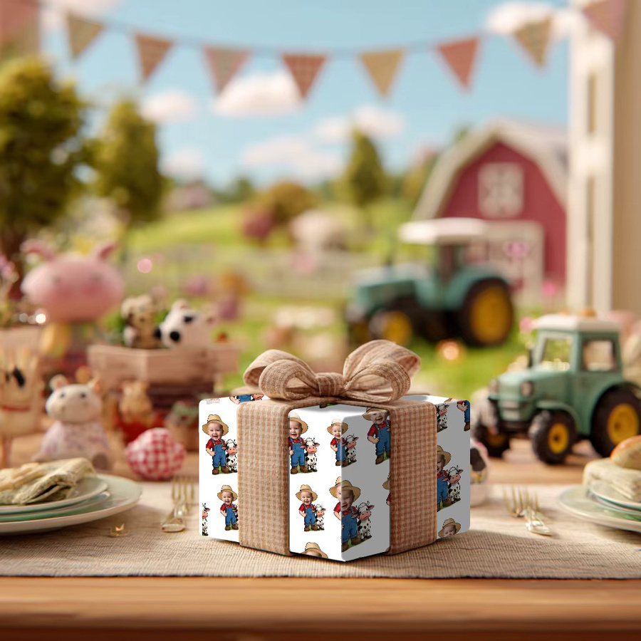 Personalisierbares Geschenkpapier mit Bauernhof-Cartoon-Motiv für Kindergeburtstage, Mehrfarbig - Bild 2
