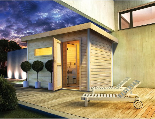Karibu Saunahaus Hendrik 1 mit Bio-Ofen 9kW und externer Steuerung, Fichte, braun - Bild 1