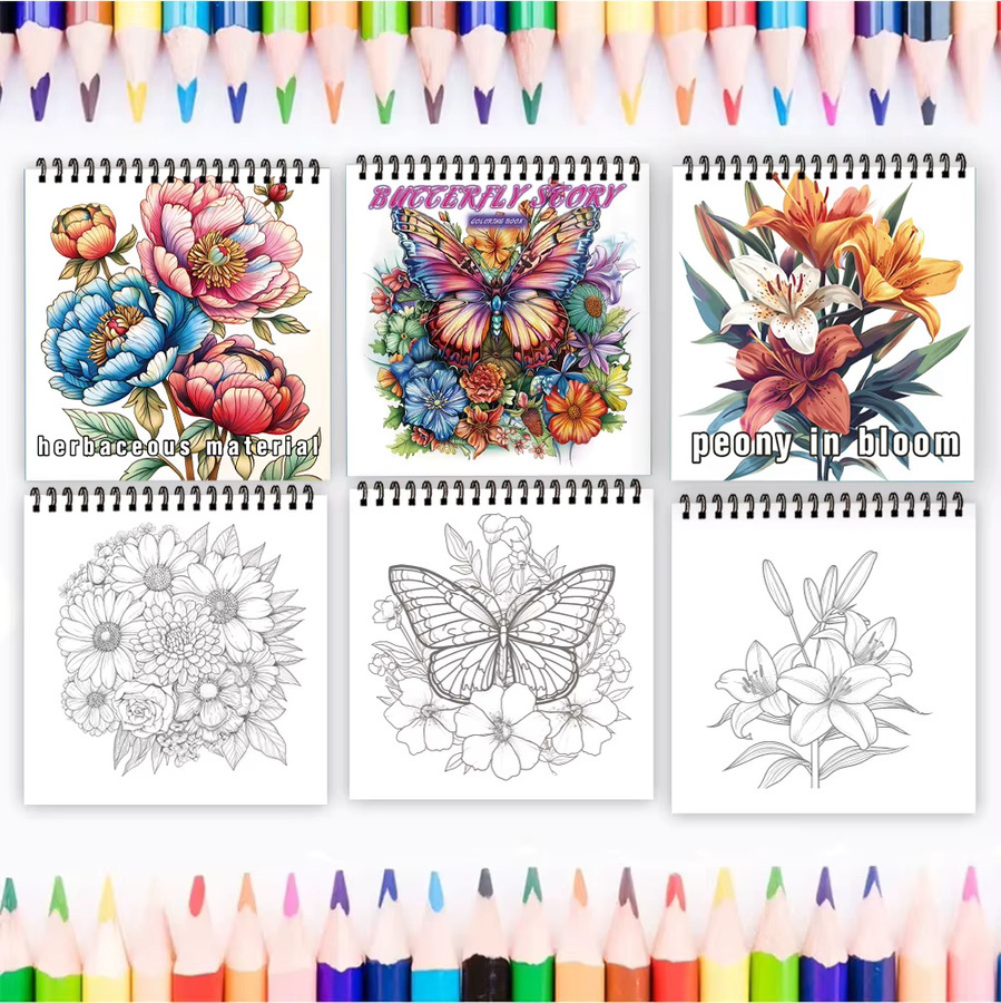 3-teiliges Malbuch-Set für Erwachsene mit Blumen- und Schmetterlingsmustern, 30 Seiten, spiralförmig gebunden, Mehrfarbig - Bild 3