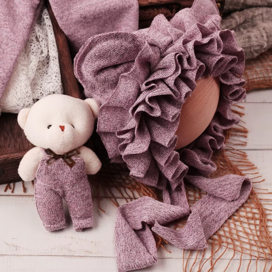 Ylsteed 4-teiliges Fotografie-Set für Neugeborene Mädchen in Lila mit Bären-Motiv, Hut mit Mini-Bär-Puppe und Posing-Kissen - Bild 2