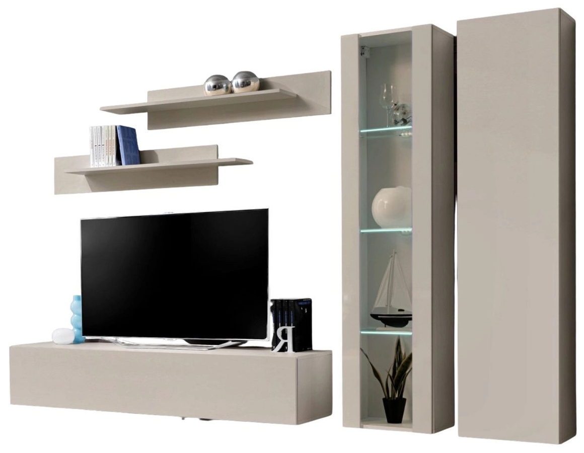 Wohnwand Option 5-teilig in Kaschmir Beige mit LED und Glaselementen, Breite: 260 cm - Bild 5