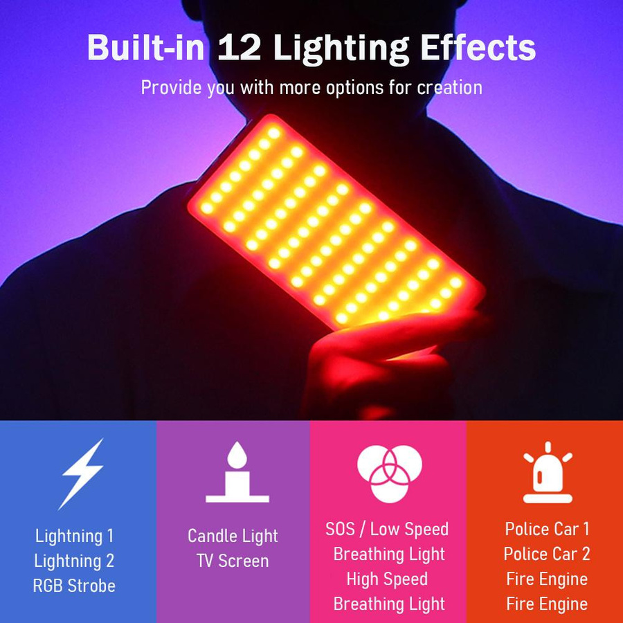 Andoer Tragbares RGB-Videolicht LED-Fülllichtpanel mit 12 Lichteffekten, dimmbar, 3000 K bis 8500 K, CRI97+, schwarz - Bild 3