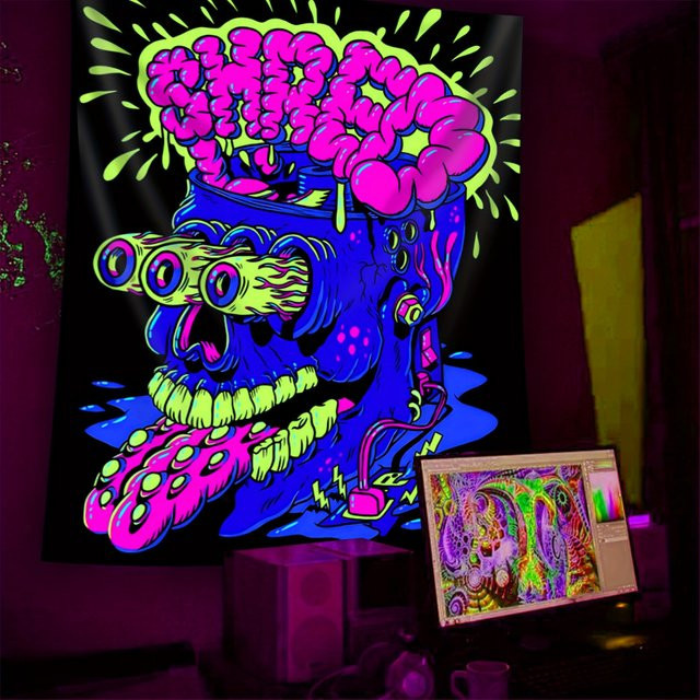 VIKAMA Wandteppich mit fluoreszierendem abstrakten Gehirn-Totenkopf-Design in Multicolour, Rechteckig, Breite: 60 cm, Höhe: 40 cm - Bild 1