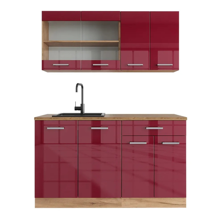 Vicco R-Line Singleküche Bordeaux Hochglanz und Goldkraft Eiche, Breite: 140 cm - Bild 2