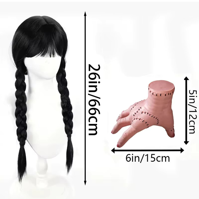 Suri Hair Mittwoch Perücke, schwarze Damenperücke mit Pony und doppelten Zöpfen, synthetische Perücke, Horrorhandschuh, Set - Bild 4