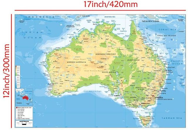Geografische Karte von Australien als rahmenloser Paper Poster Wanddeko von Photography Times, Mehrfarbig, Breite: 42 cm, Höhe: 30 cm - Bild 1