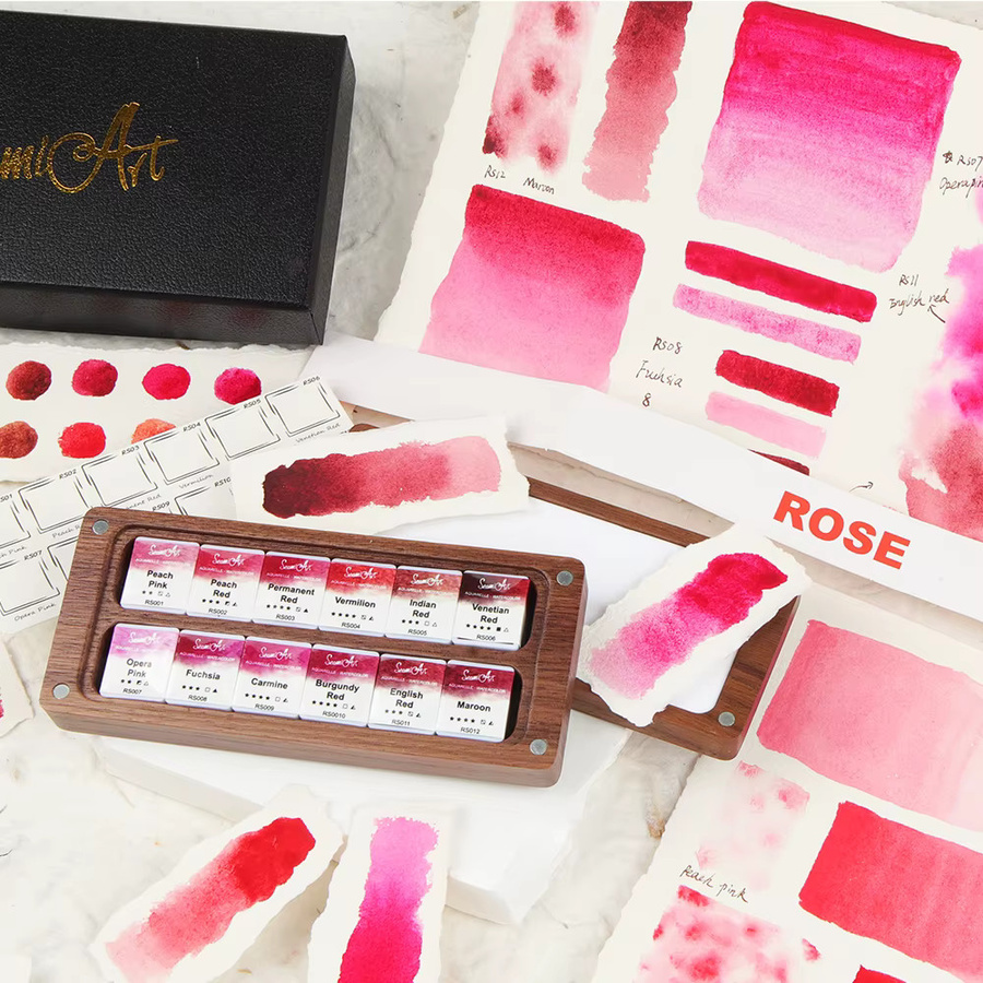 SeamiArt Aquarell-Set mit 12 Farben in einer schwarzen Walnuss-Holzbox, Rosenrot und Multicolour - Bild 4