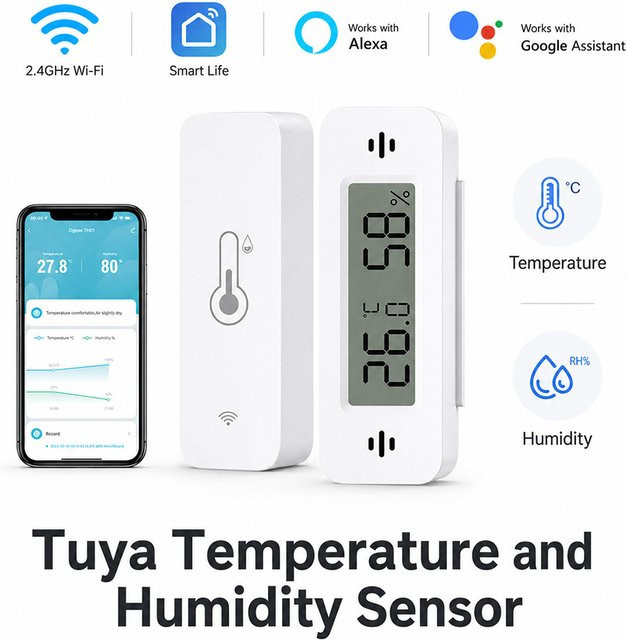 Tuya Smart WLAN Temperatur- und Feuchtigkeitssensor Hygrometer in Weiß, kompatibel mit Alexa und Google Home - Bild 1