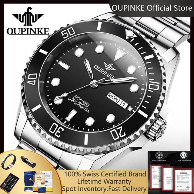 OUPINKE Armbanduhr Automatik, Edelstahl, 20 ATM, Herren, Schwarz, Silber - Bild 1