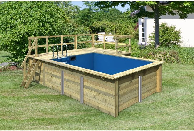 Karibu Massivholzpool aus Fichte in Blau mit 2 Sonnenterrassen, Rechteck-Aufstellpool inklusive Schutzvlies und Einhängeleiter, B/T/H: 350 x 320 x 111 cm - Bild 1
