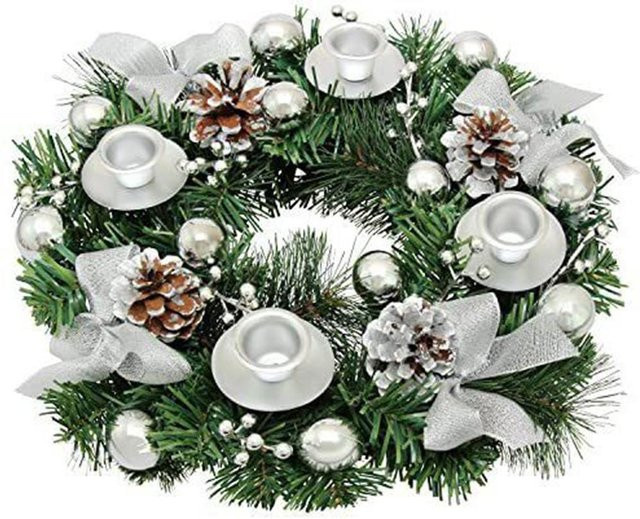 TOMTOP JMS Adventskranz aus Kunststoff in Grün und Silber mit Band, Durchmesser: 30,5 cm - Bild 1