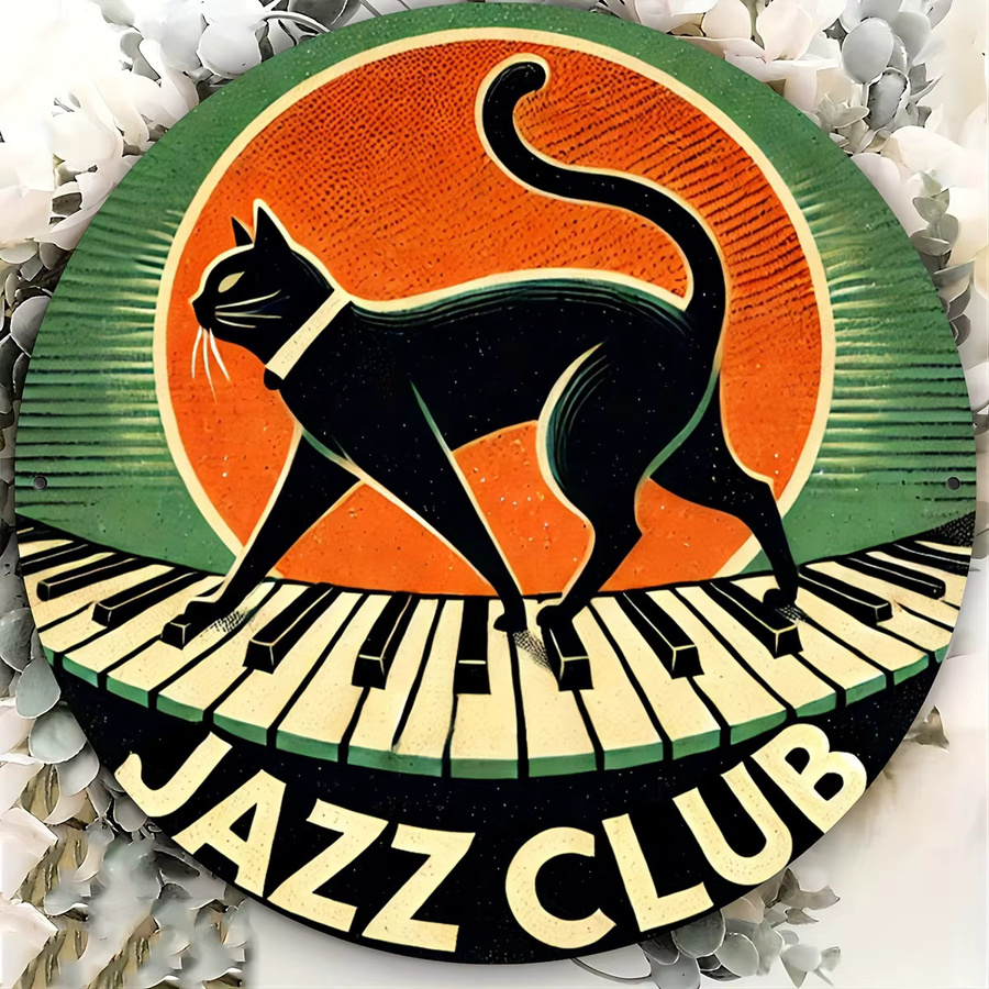 Potdemiel Vintage Jazz Club Aluminium-Wandkunst – Dekorative Metallwanddekoration mit schwarzer Katze auf Klavier in Schwarz und Multicolour, Durchmesser: 20 cm - Bild 4