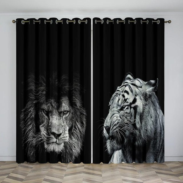 2er-Set 3D-Digitaldruckvorhang mit weißem Tiger- und Leopardenmuster, semi-transparent, Polyester, Breite: 50 cm, Höhe: 130 cm - Bild 1