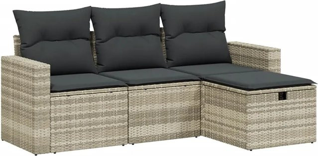 vidaXL 4-tlg. Garten-Sofagarnitur in L-Form mit Kissen und Ottoman, Hellgrau, Poly Rattan und Metallrahmen - Bild 1