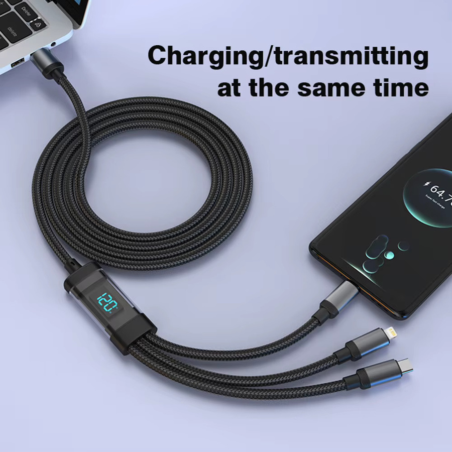 Byscoon 3-in-1 USB-Ladekabel mit digitalem Display, 120 W Schnellladefunktion, Micro-USB und USB-C, Schwarz - Bild 3
