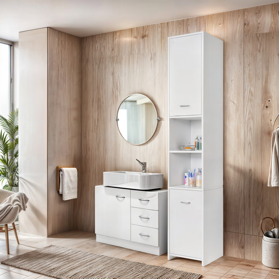 CASARIA Badmöbel-Set Neapel 2-tlg in Weiß bestehend aus Waschbeckenunterschrank und Badezimmerhochschrank aus MDF - Bild 2
