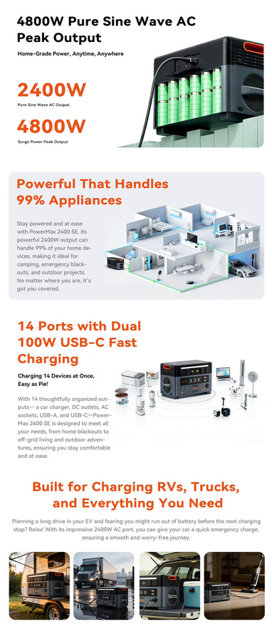 OSCAL PowerMax 2400SE Tragbare Powerstation mit 2400W und 2016Wh Kapazität, Lifepo4 Solargenerator und wiederaufladbare Batterie für Outdoor, Camping und Notstromversorgung - Bild 3