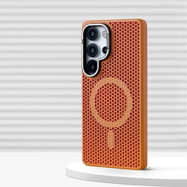 Magnetische Stoßfänger Hülle mit Wabenmuster für Samsung Galaxy S25 Ultra, S24 und S23 Plus in Orange mit Kamera Halterung und kabellosem Laden - Bild 1