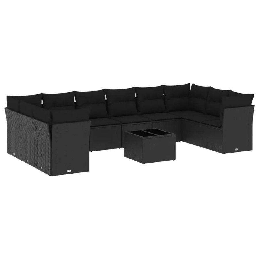 vidaXL 11-tlg. Garten-Sofagarnitur in U-Form aus Polyrattan mit Kissen und Tisch, Schwarz - Bild 2